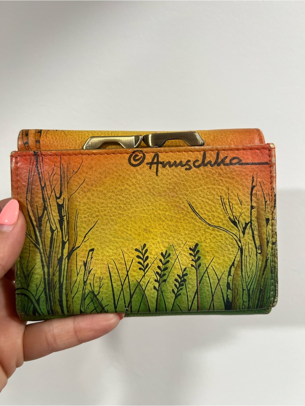 Anuschka Hand-Painted Leather Wallet - Yellow, Orange, Green NEW